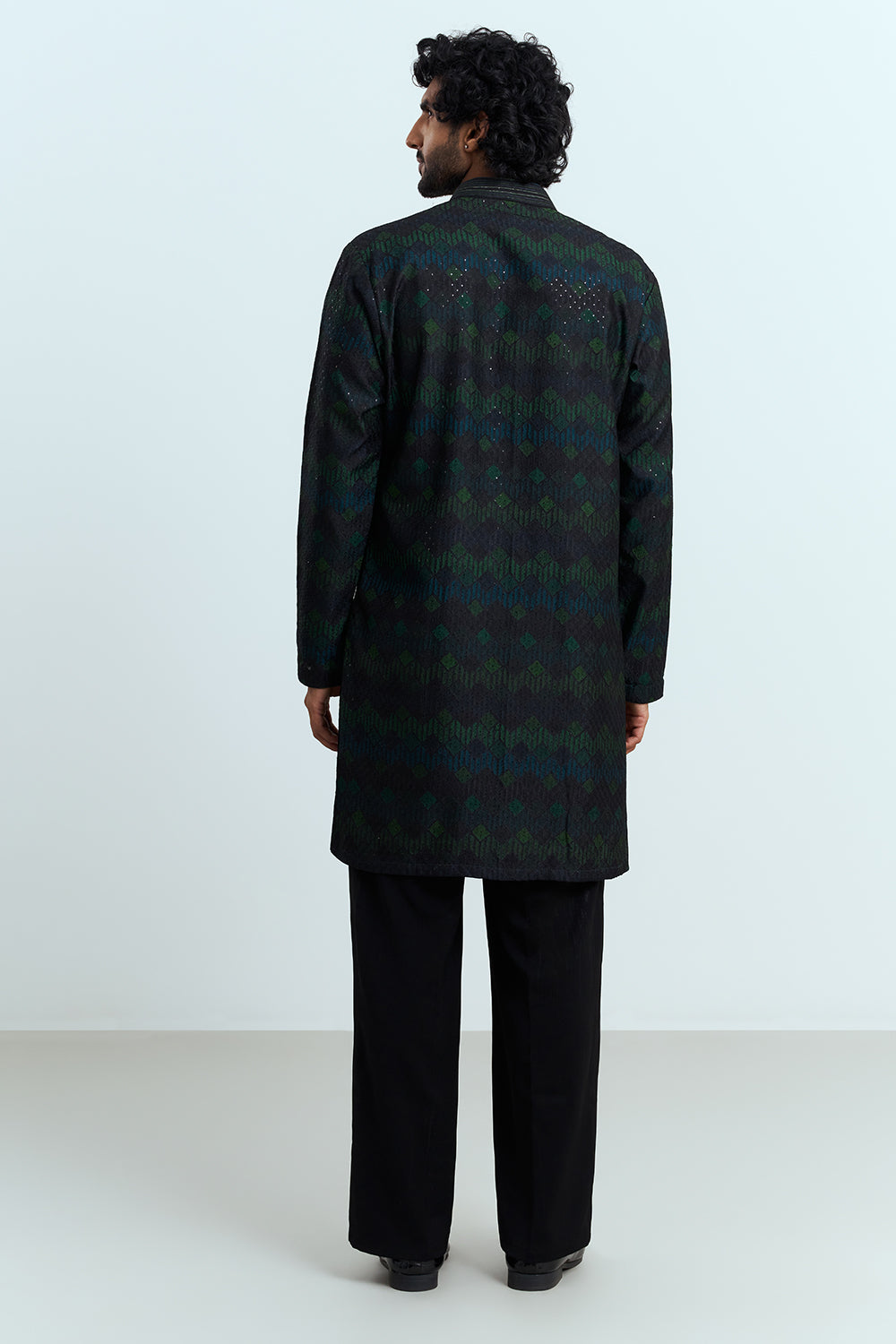 Black And Emerald Embroidered Men's Kurta Set