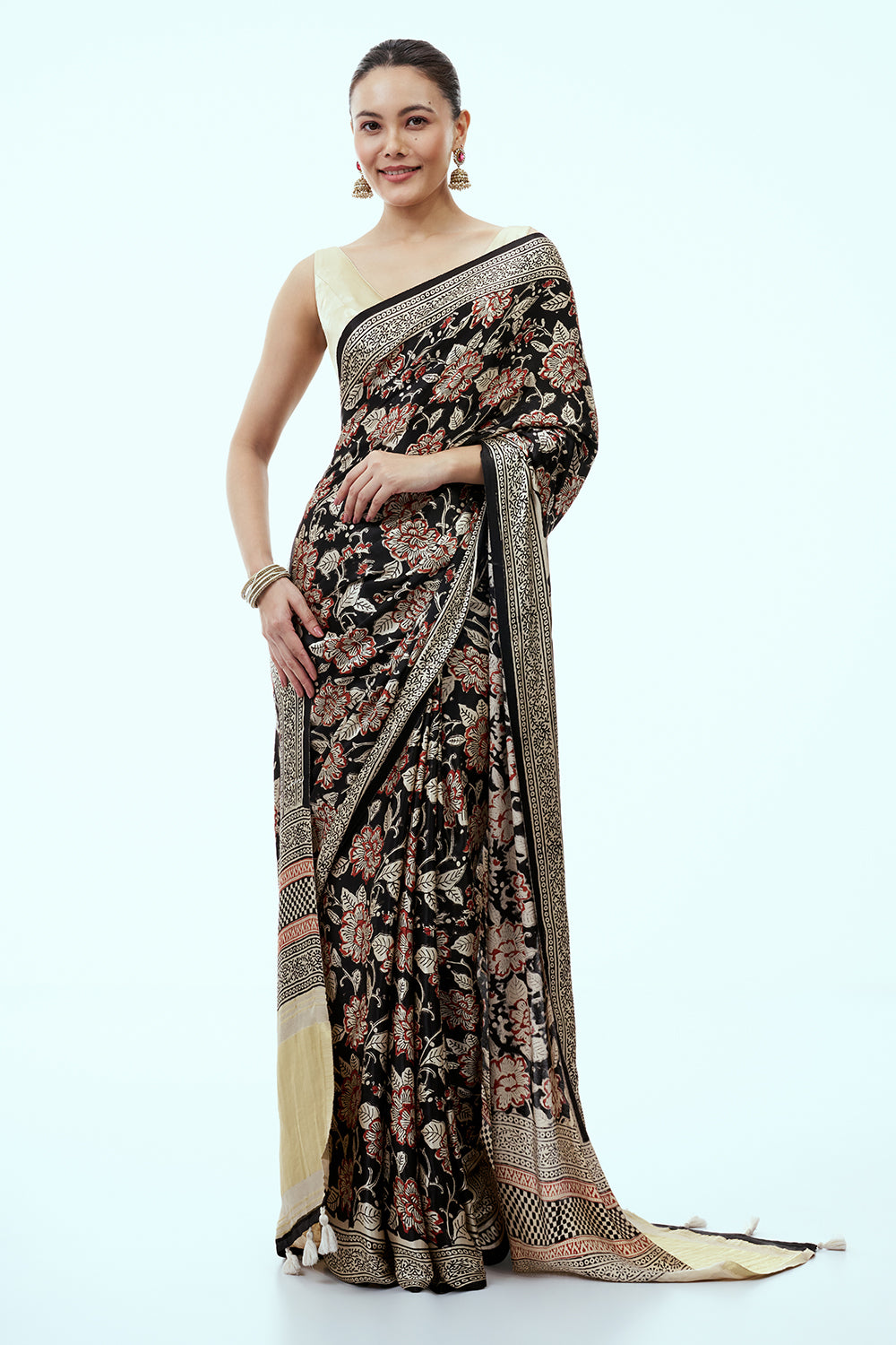 Black and Gold Floral Silk Saree with Unstitched Blouse