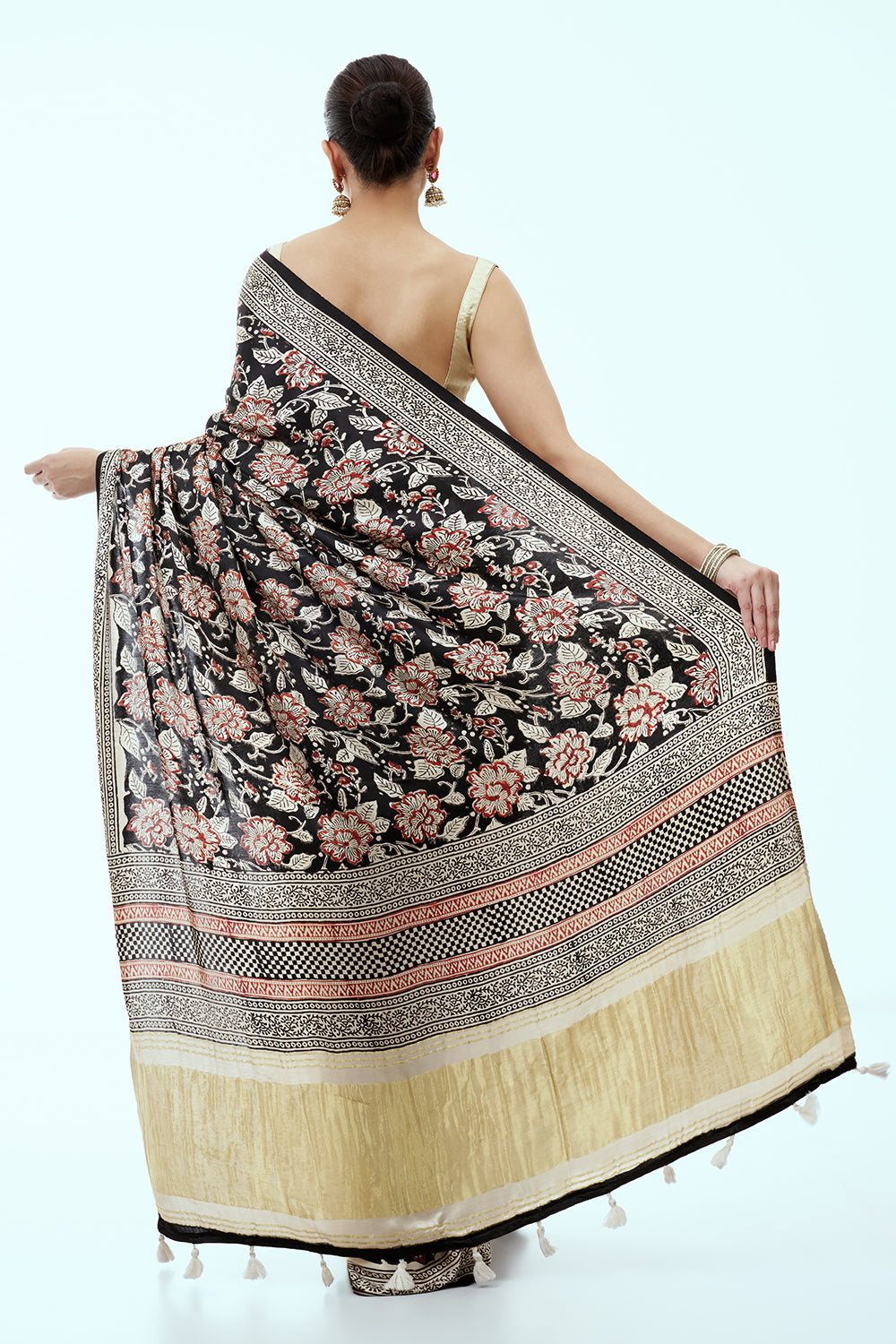 Black and Gold Floral Silk Saree with Unstitched Blouse