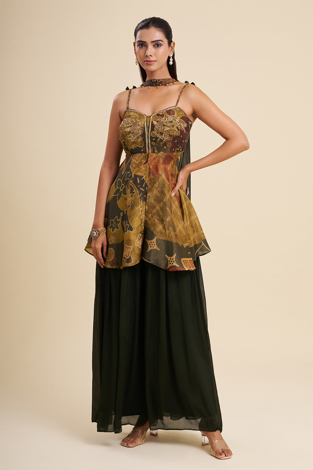 Black and Green Shimmer Crepe Fusion Set with Ajrakh Work