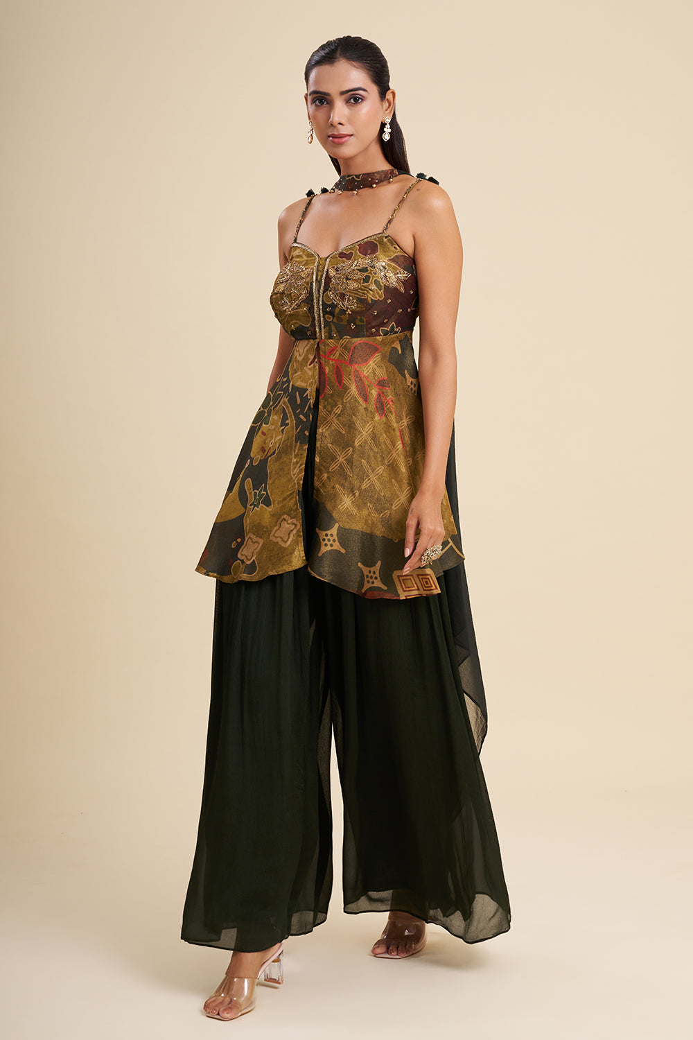 Black and Green Shimmer Crepe Fusion Set with Ajrakh Work