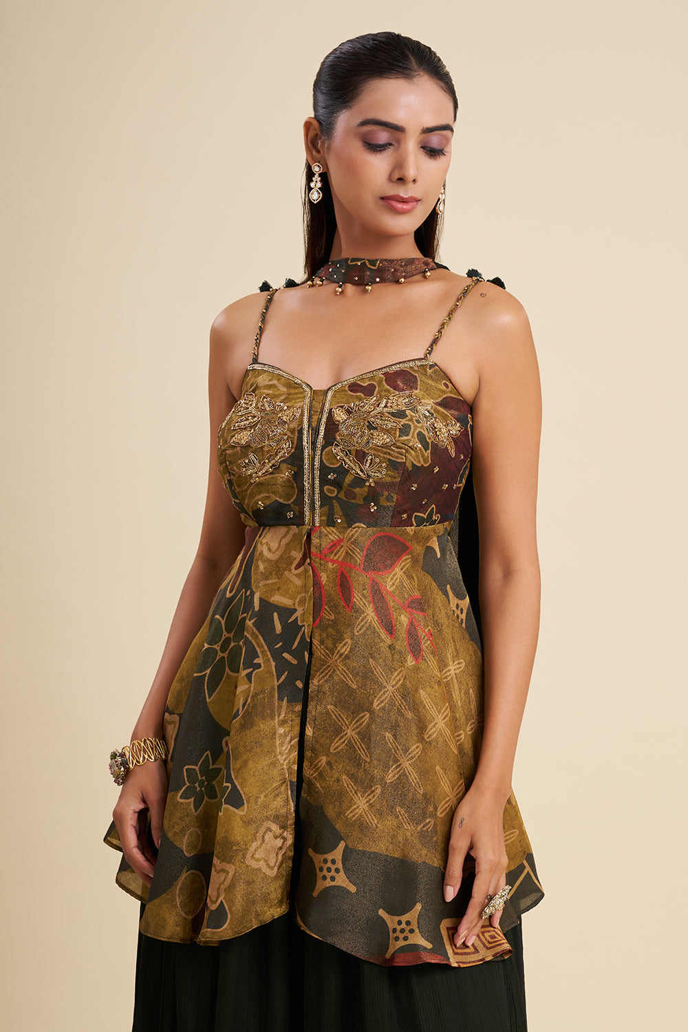 Black and Green Shimmer Crepe Fusion Set with Ajrakh Work