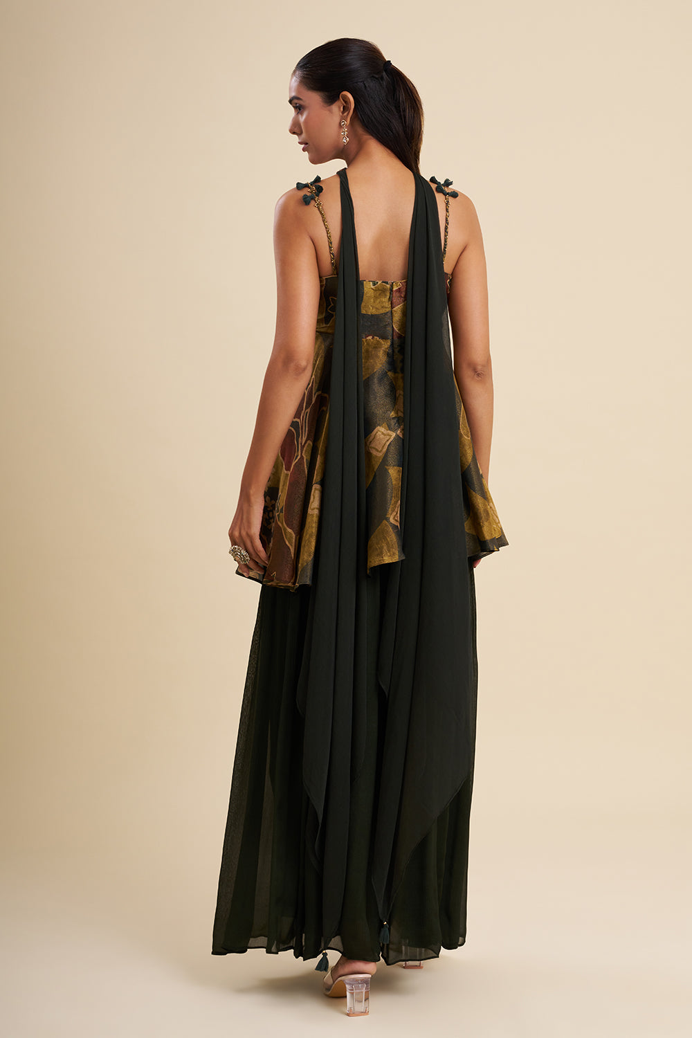 Black and Green Shimmer Crepe Fusion Set with Ajrakh Work