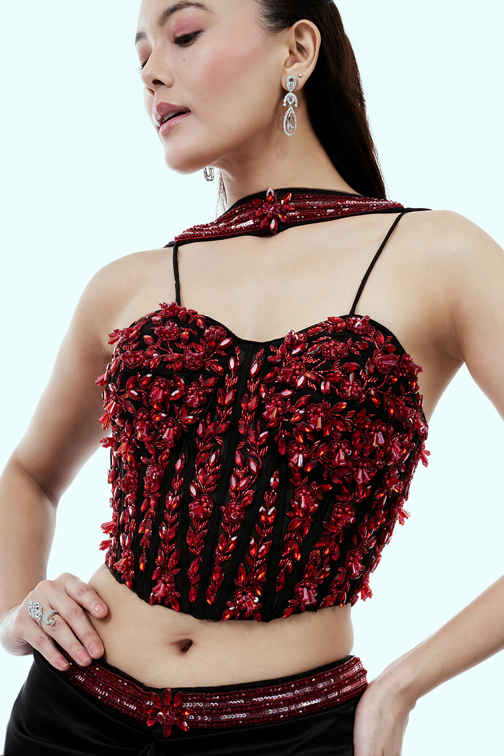 Black and Red Satin Lycra Peplum Dhoti Set with Cutdana and Sequins