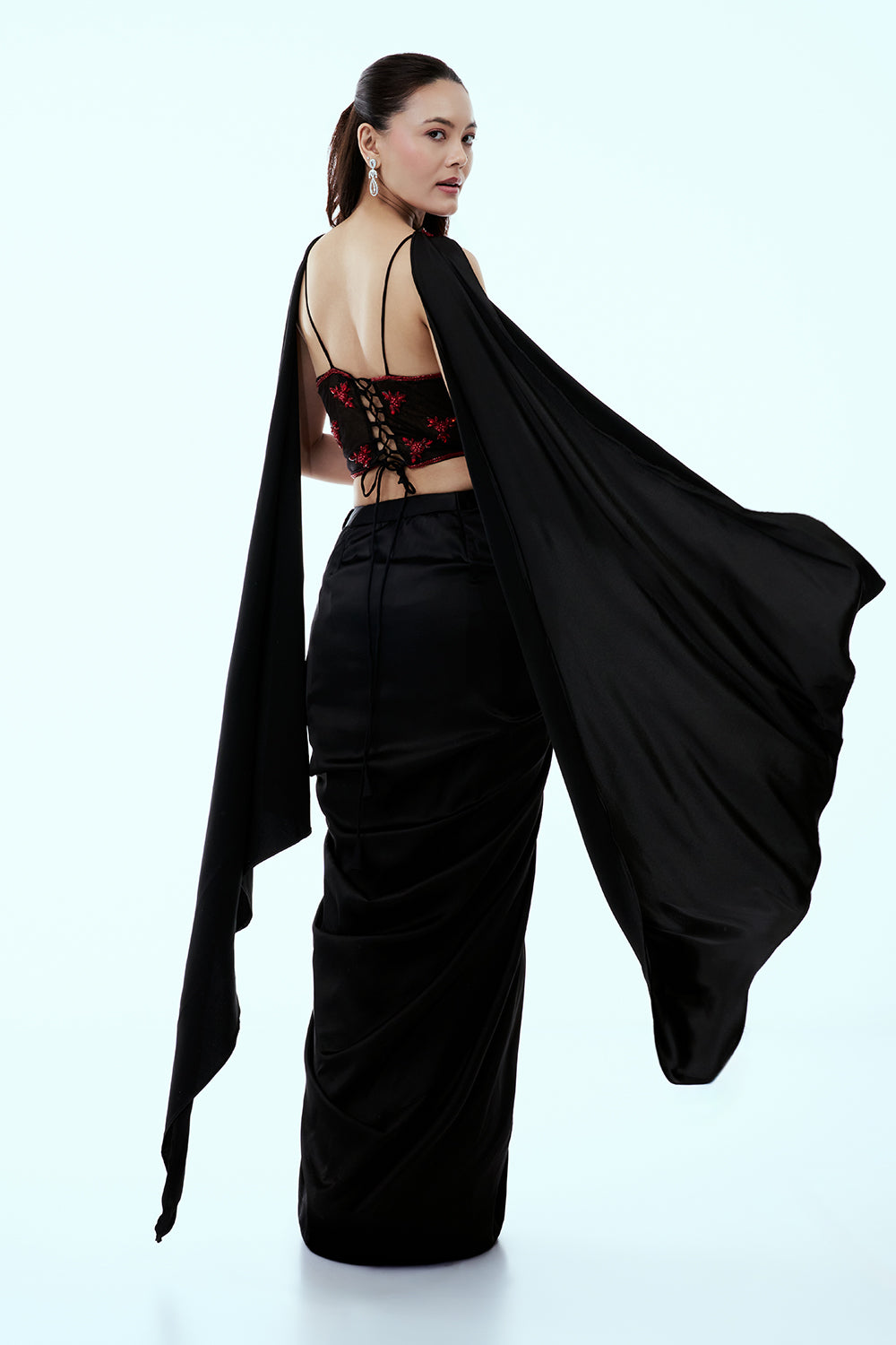 Black and Red Satin Lycra Peplum Dhoti Set with Cutdana and Sequins