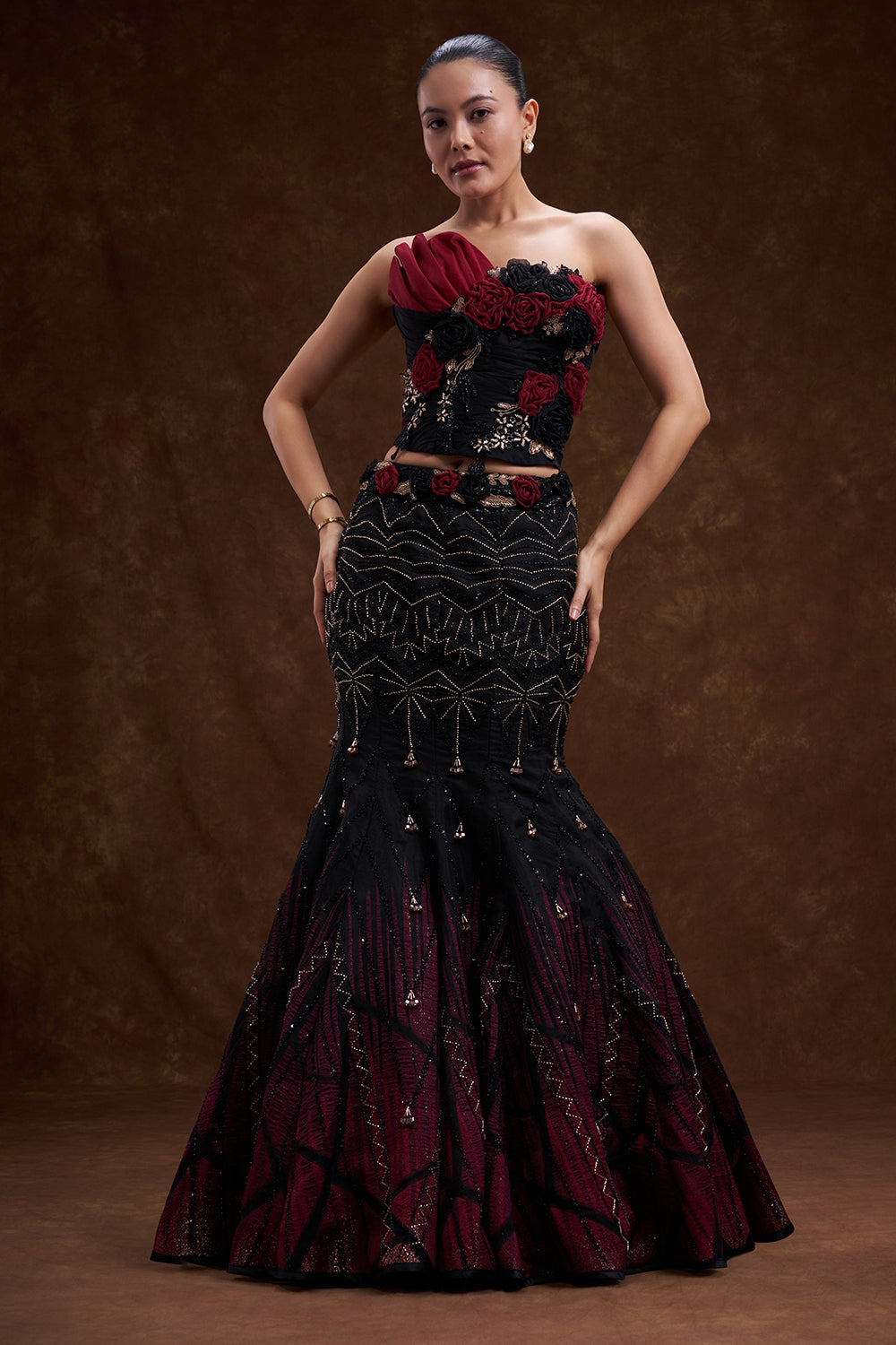Black and Red Shaded Organza Fishcut Lehenga Set