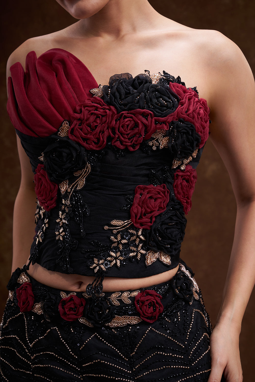 Black and Red Shaded Organza Fishcut Lehenga Set