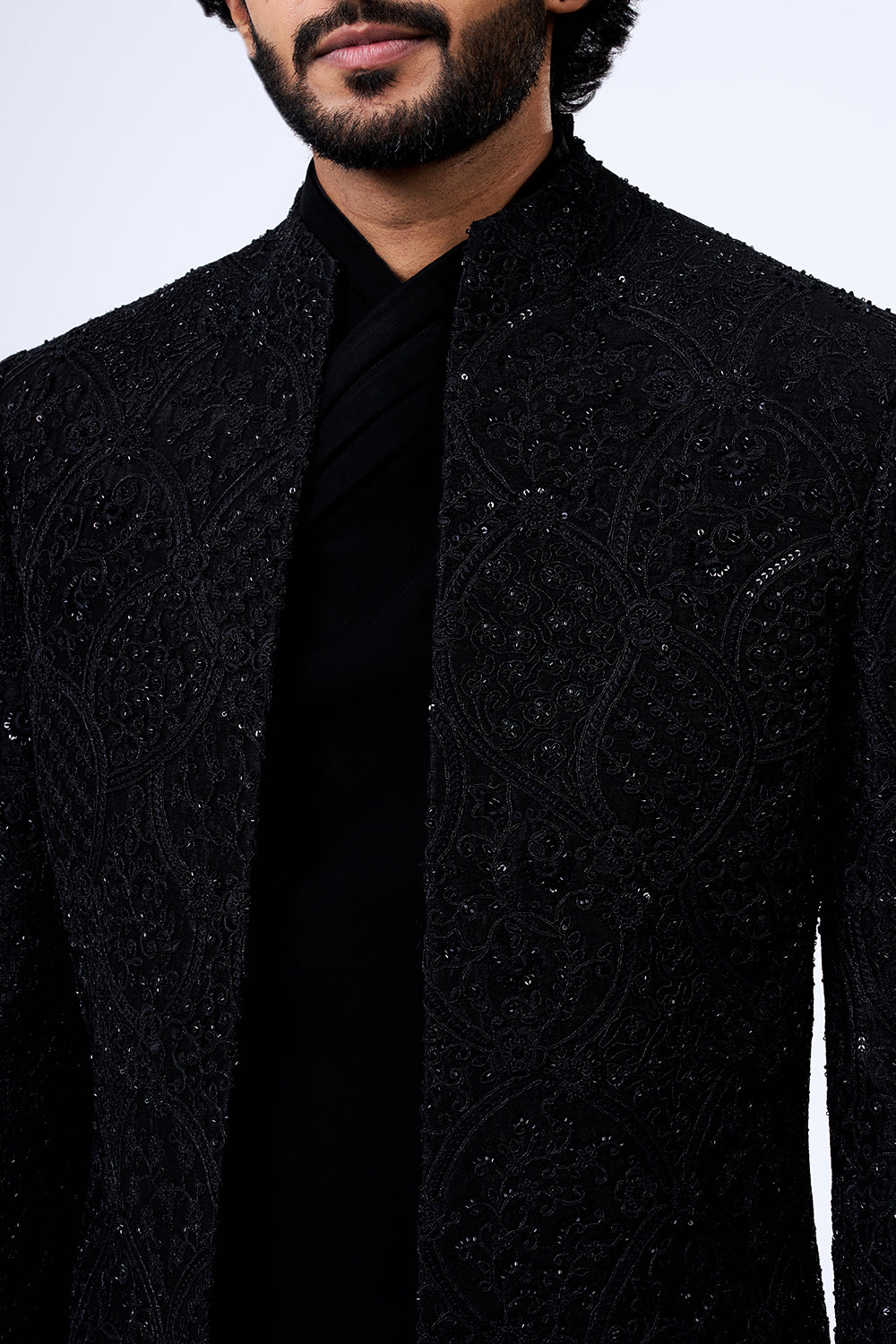 Black Art Silk Cut Dana Embellished Jacket Set