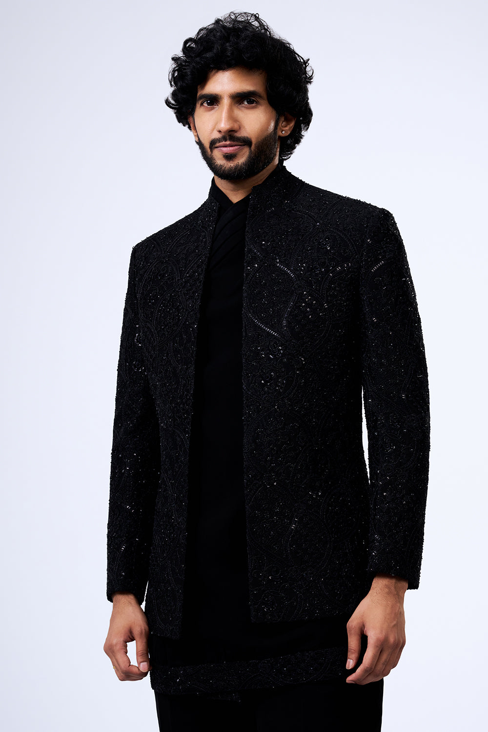 Black Art Silk Cut Dana Embellished Jacket Set