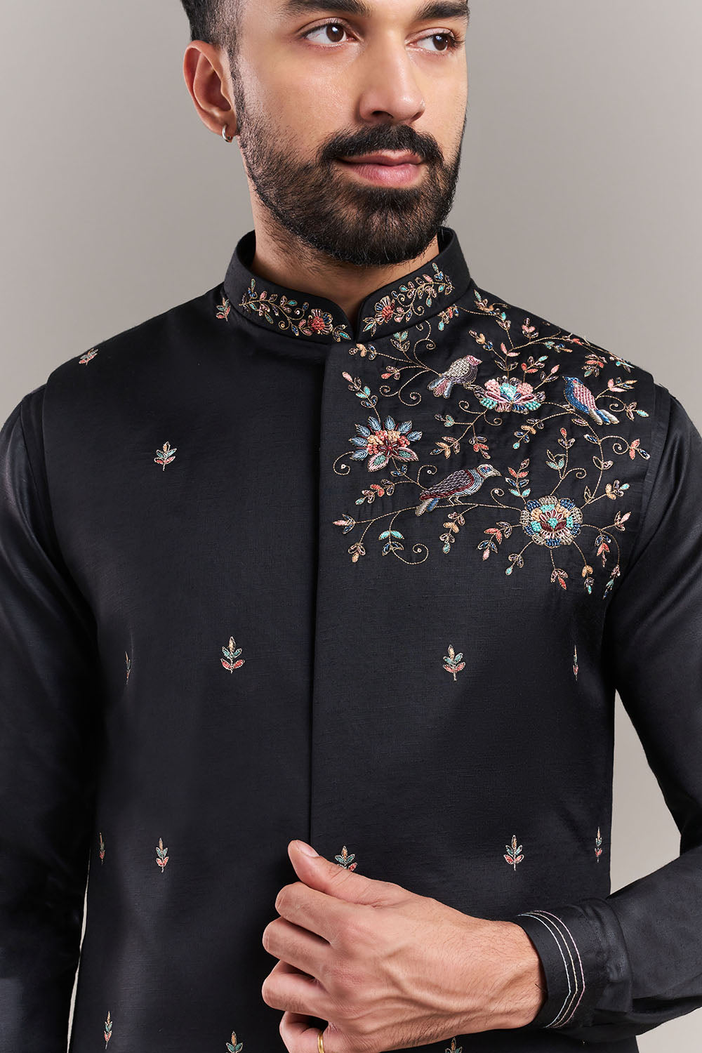 Black Art Silk Floral Accent Men's Kurta with Jacket