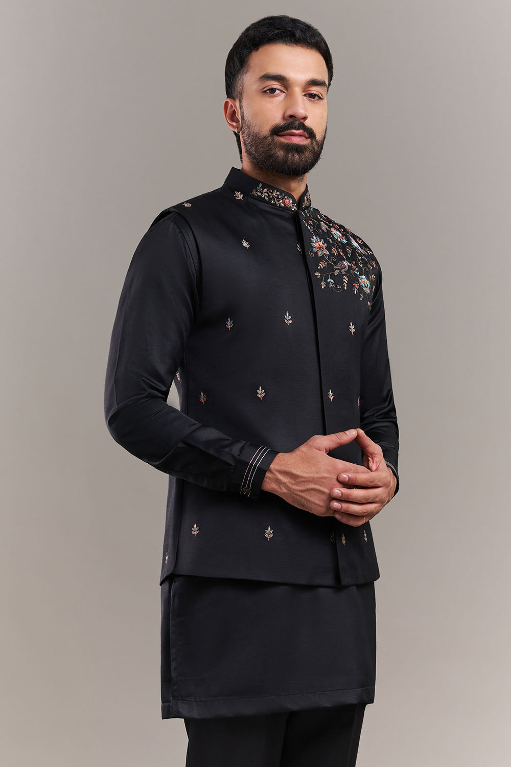 Black Art Silk Floral Accent Men's Kurta with Jacket