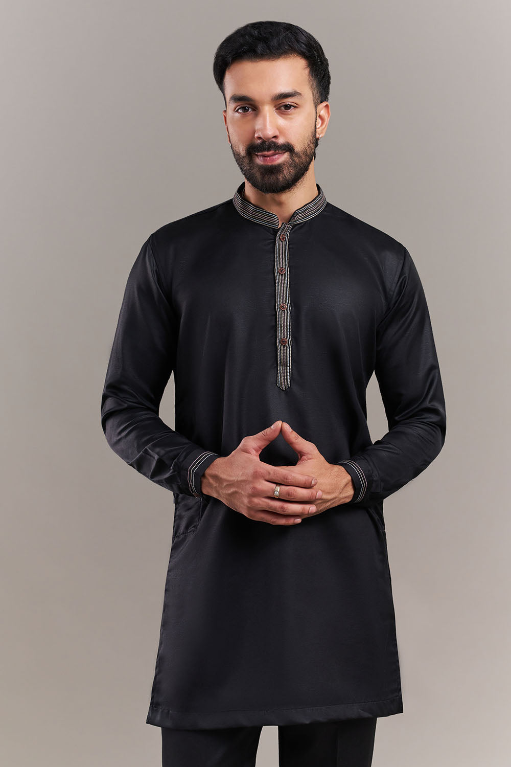 Black Art Silk Floral Accent Men's Kurta with Jacket