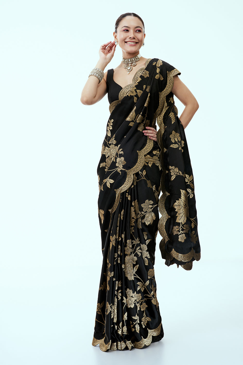 Black Art Silk Saree with Floral Zari Work and Unstitched Blouse
