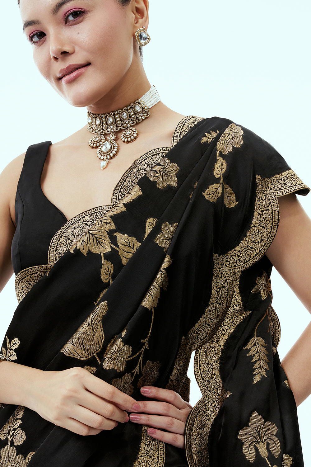 Black Art Silk Saree with Floral Zari Work and Unstitched Blouse
