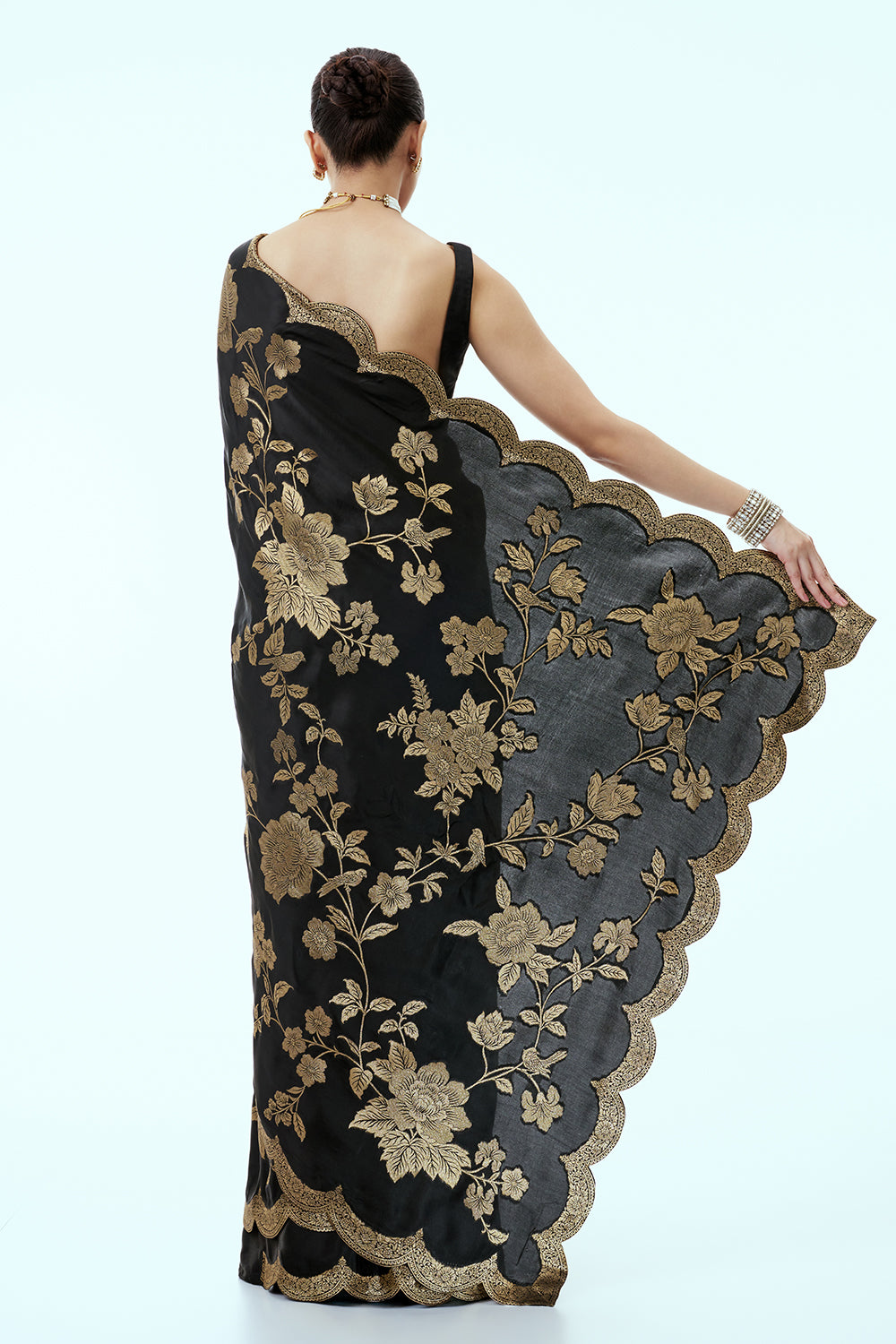 Black Art Silk Saree with Floral Zari Work and Unstitched Blouse