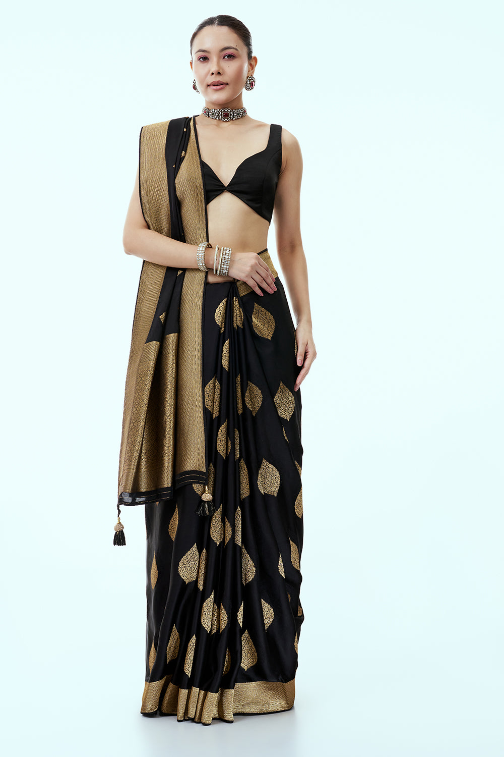 Black Art Silk Saree with Zari Butti Work and Unstitched Blouse