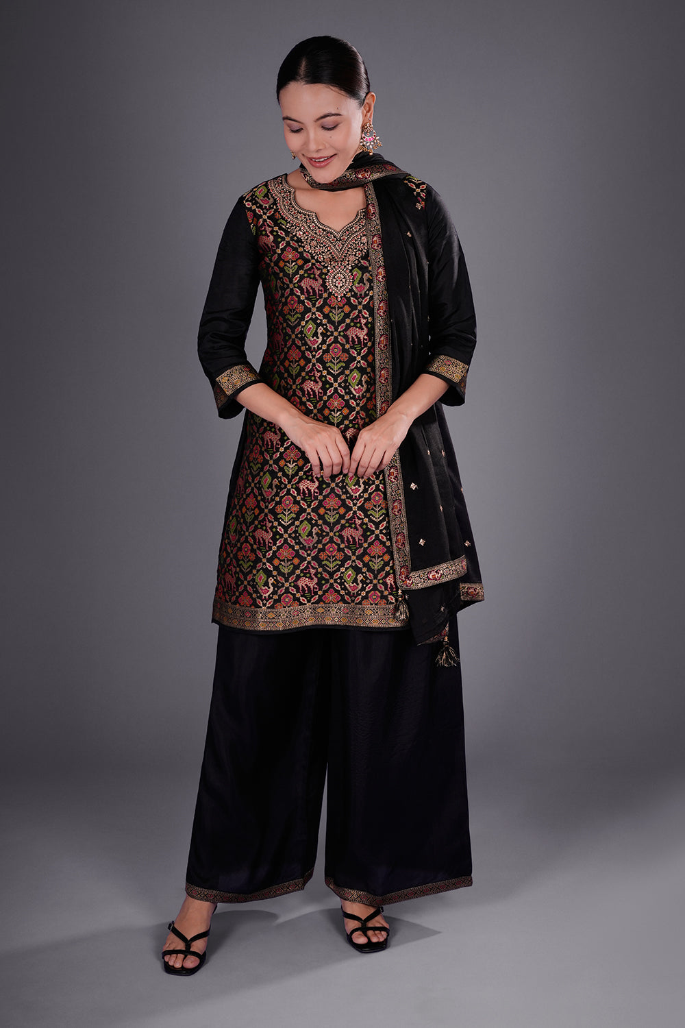Black Banarasi Multicolour Short Kurta Set with Zari Embroidery