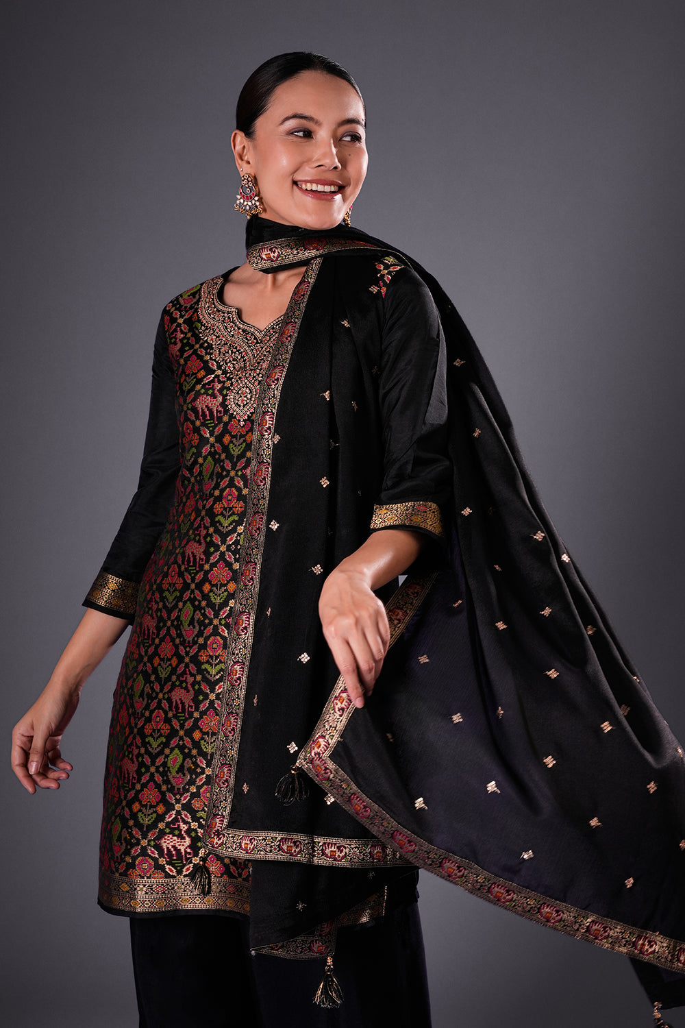 Black Banarasi Multicolour Short Kurta Set with Zari Embroidery