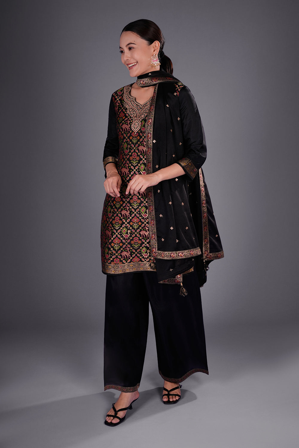 Black Banarasi Multicolour Short Kurta Set with Zari Embroidery