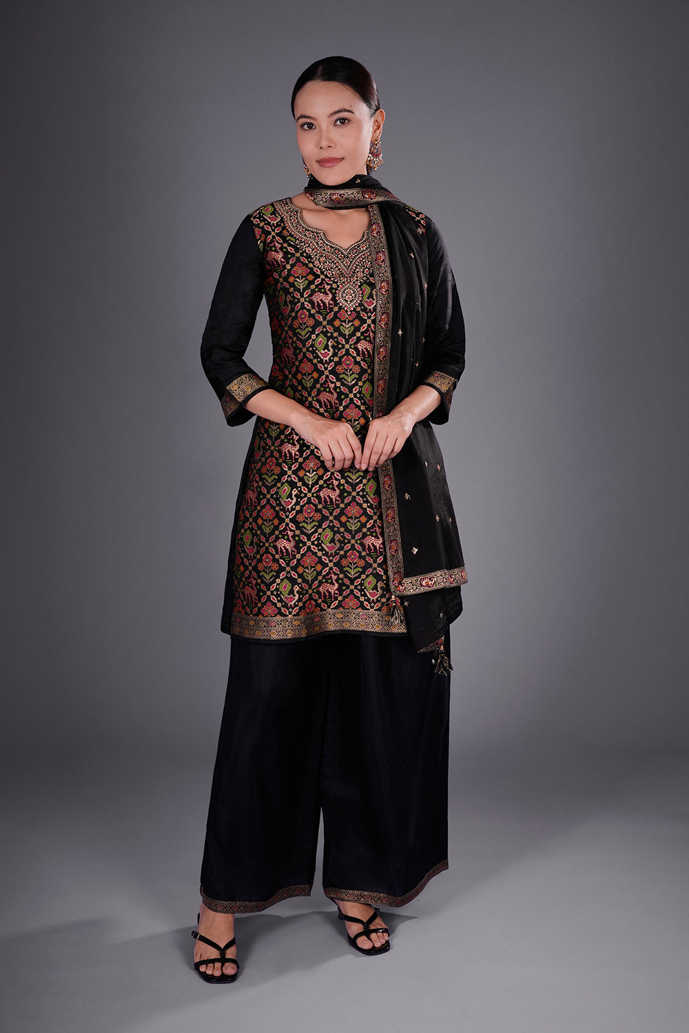 Black Banarasi Multicolour Short Kurta Set with Zari Embroidery
