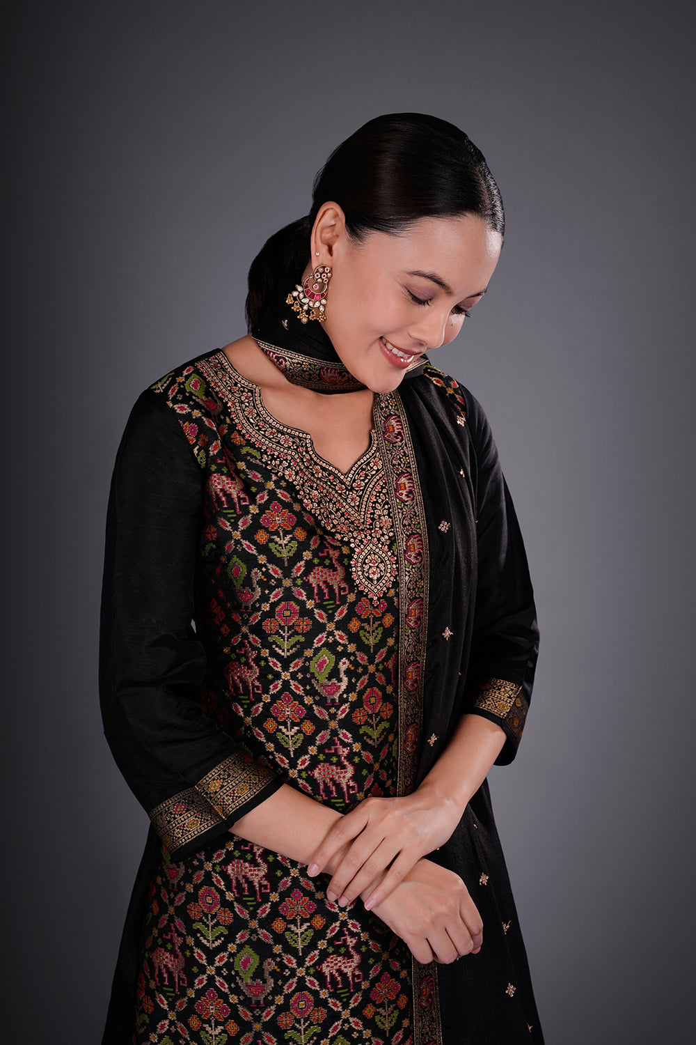 Black Banarasi Multicolour Short Kurta Set with Zari Embroidery