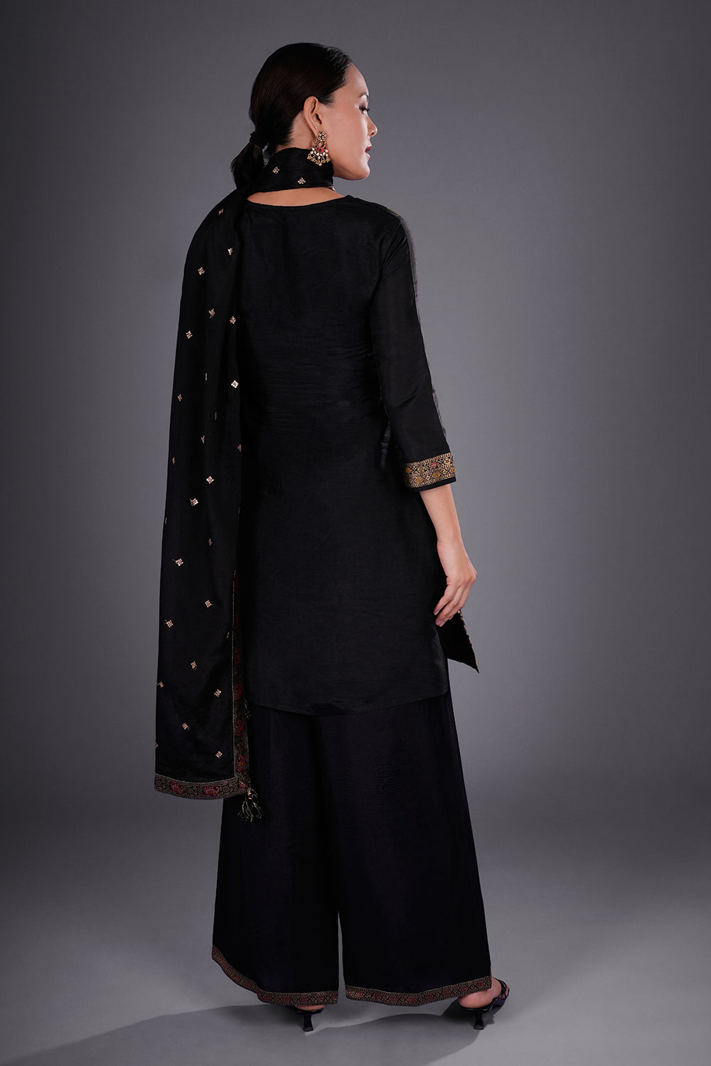 Black Banarasi Multicolour Short Kurta Set with Zari Embroidery