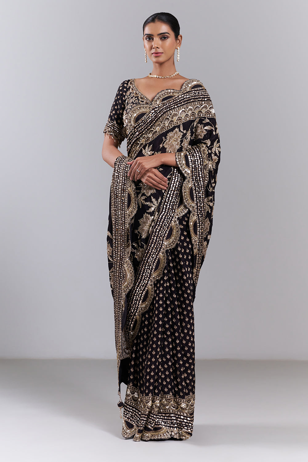 Black Chiffon Embellished Saree And Stitched Blouse