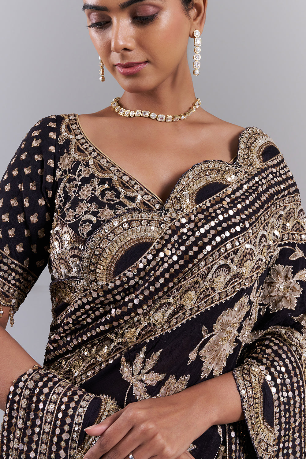 Black Chiffon Embellished Saree And Stitched Blouse