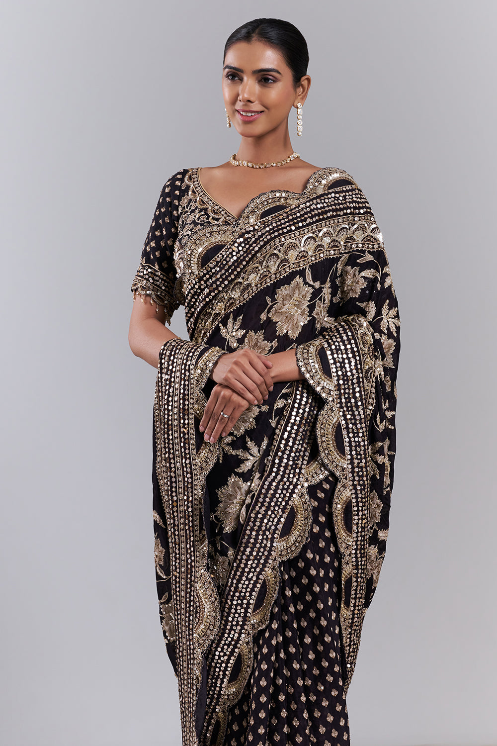Black Chiffon Embellished Saree And Stitched Blouse