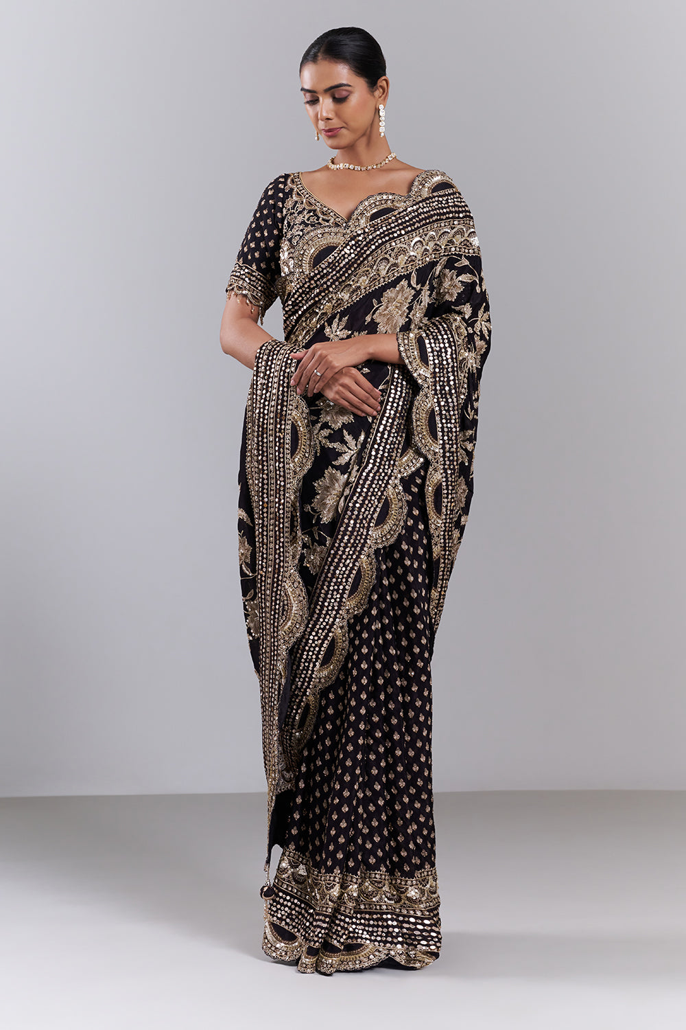 Black Chiffon Embellished Saree And Stitched Blouse