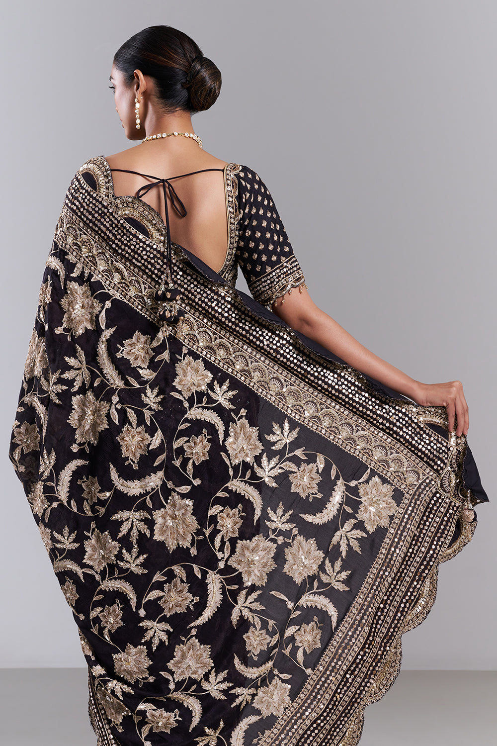 Black Chiffon Embellished Saree And Stitched Blouse