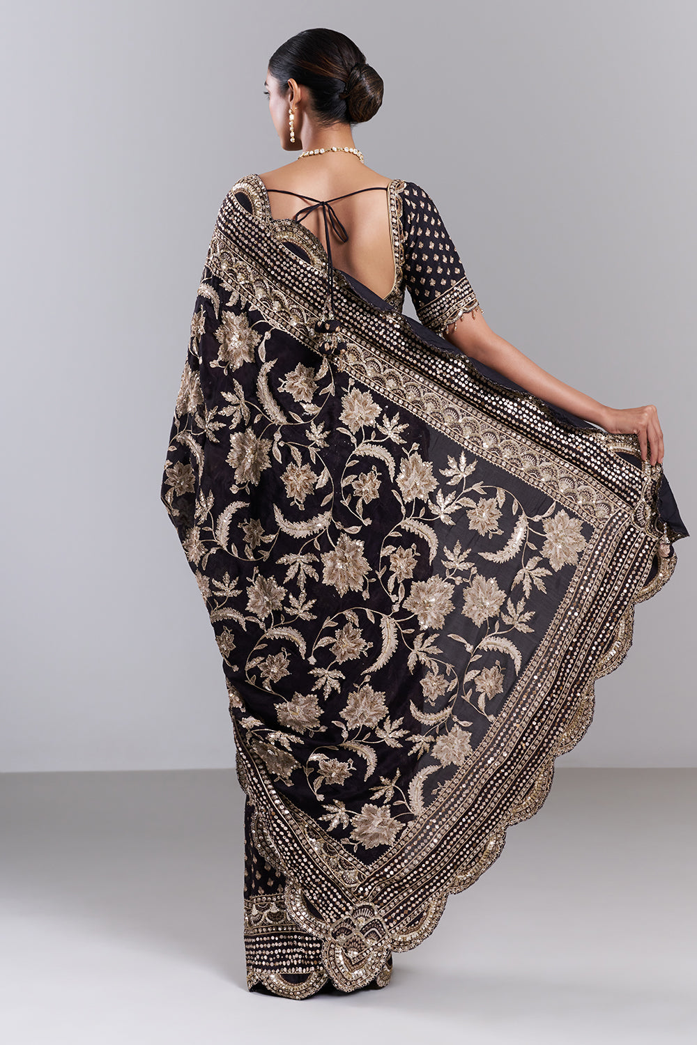 Black Chiffon Embellished Saree And Stitched Blouse