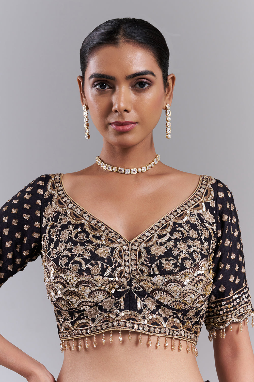 Black Chiffon Embellished Saree And Stitched Blouse