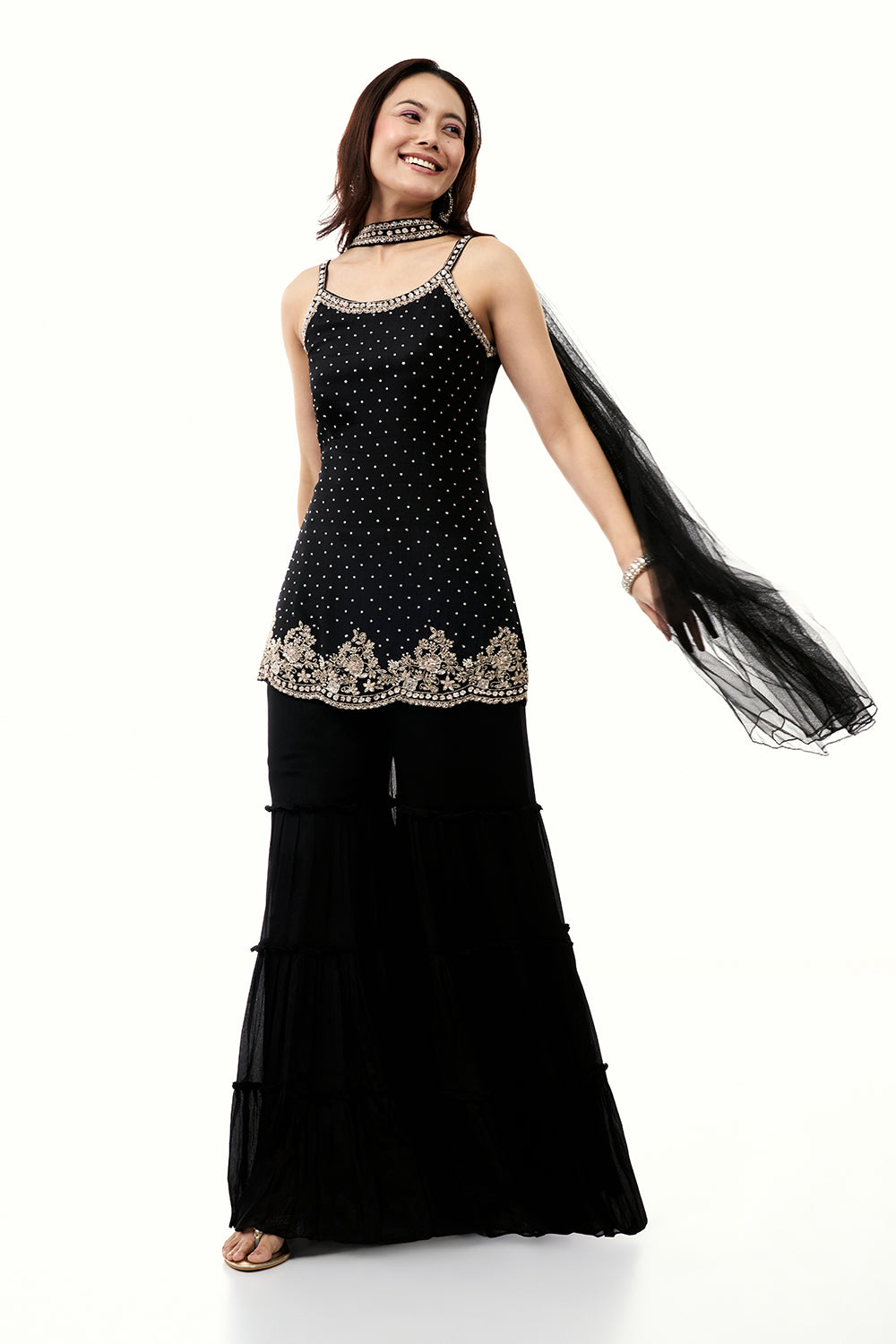 Black Chinon Sharara Set with Cutdana and Sequin Work
