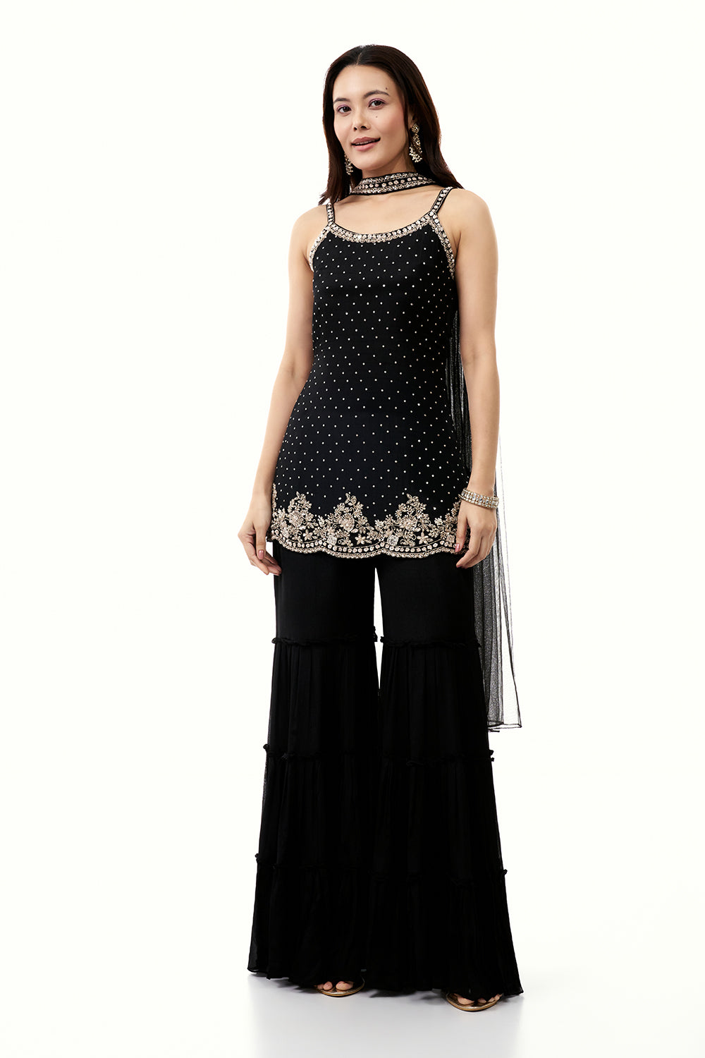 Black Chinon Sharara Set with Cutdana and Sequin Work