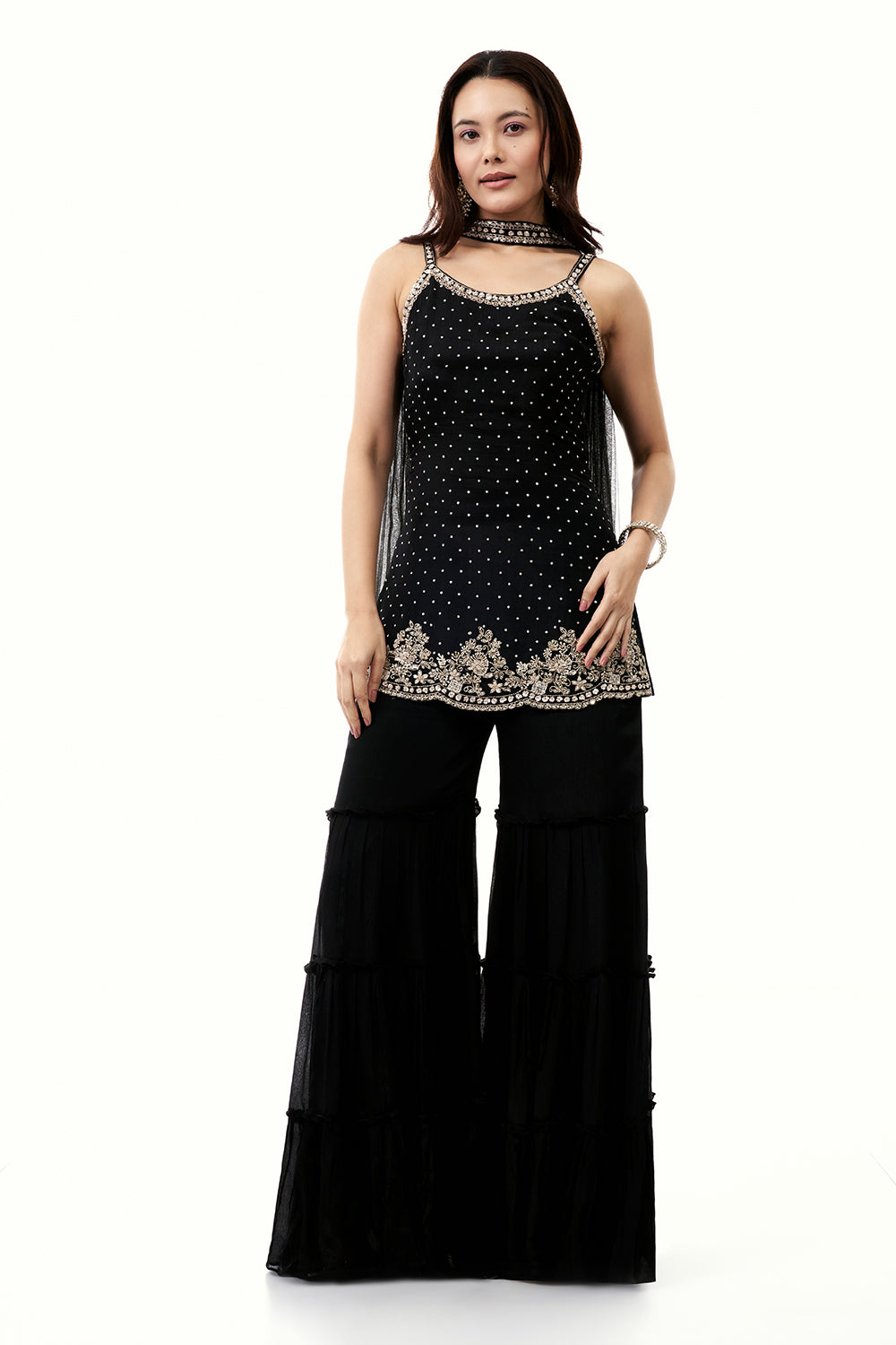 Black Chinon Sharara Set with Cutdana and Sequin Work