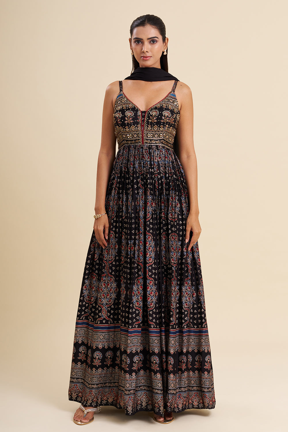 Black Cotton Anarkali with Ajrakh Work