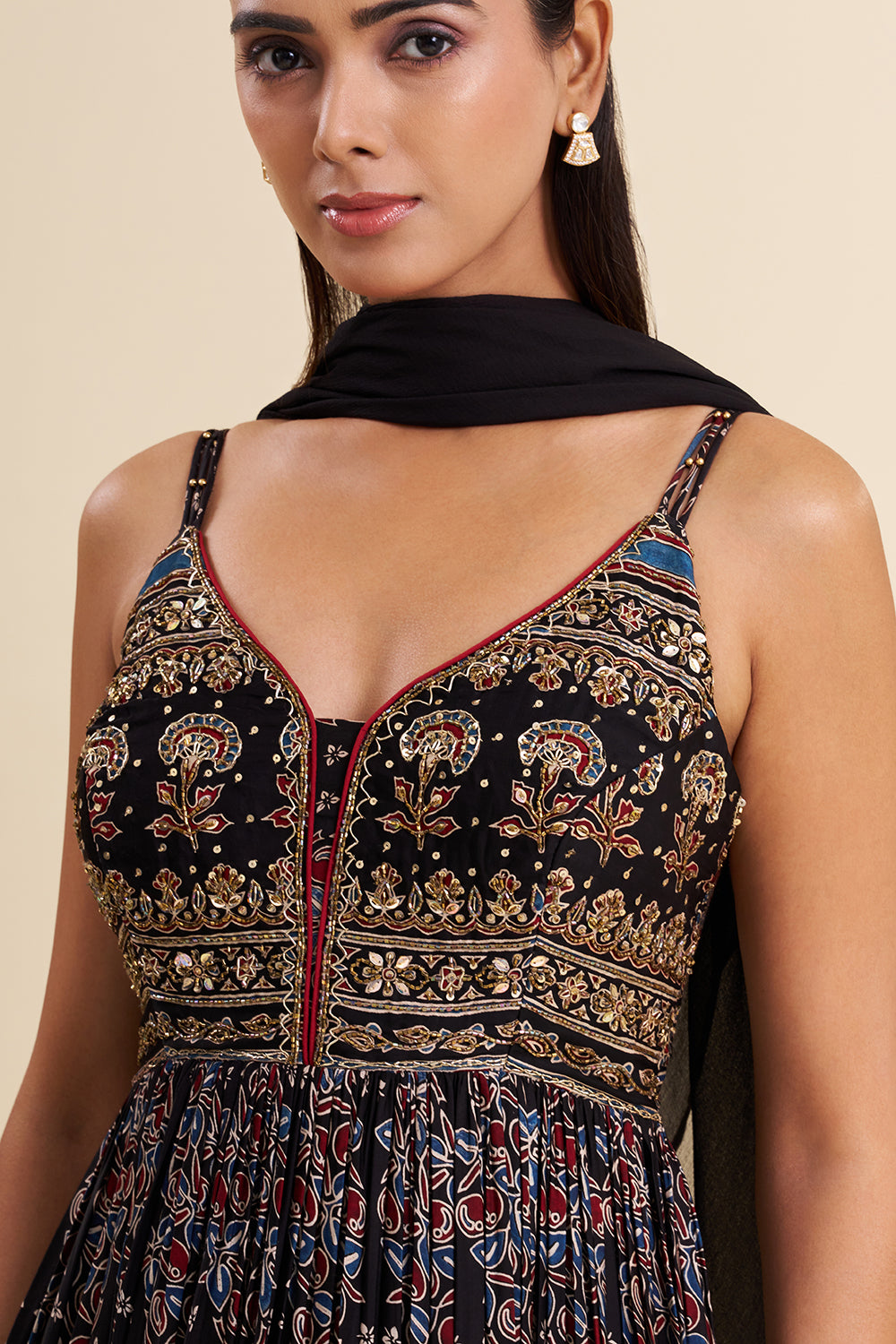 Black Cotton Anarkali with Ajrakh Work