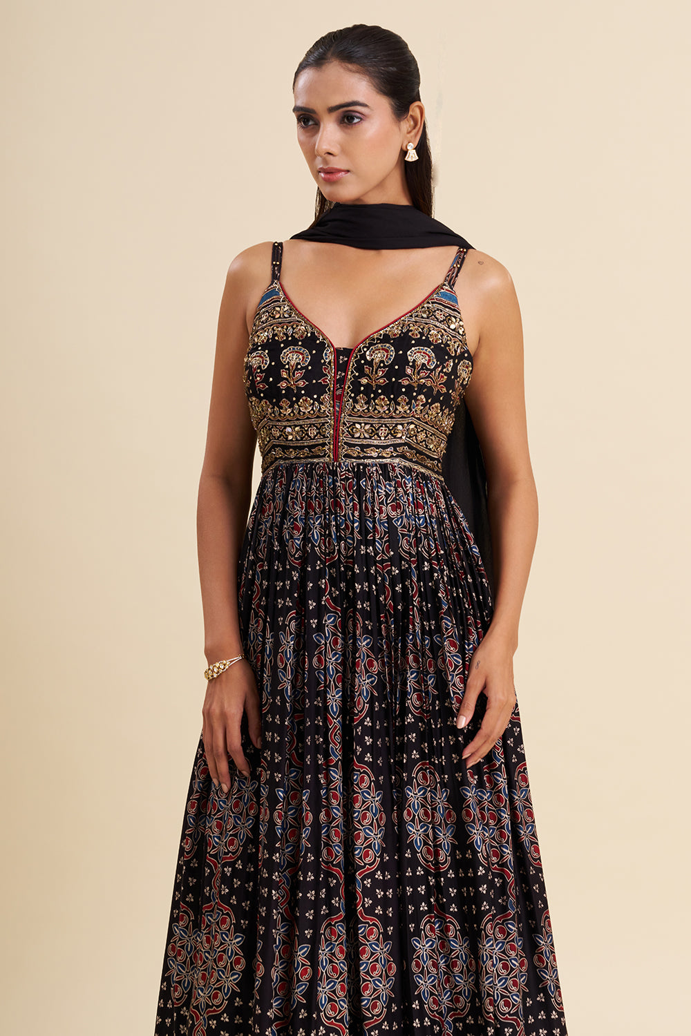 Black Cotton Anarkali with Ajrakh Work