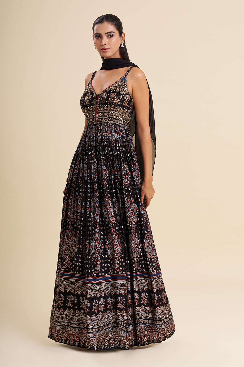 Black Cotton Anarkali with Ajrakh Work