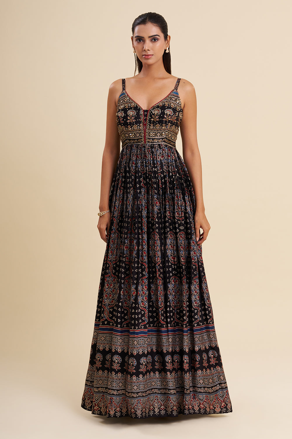 Black Cotton Anarkali with Ajrakh Work