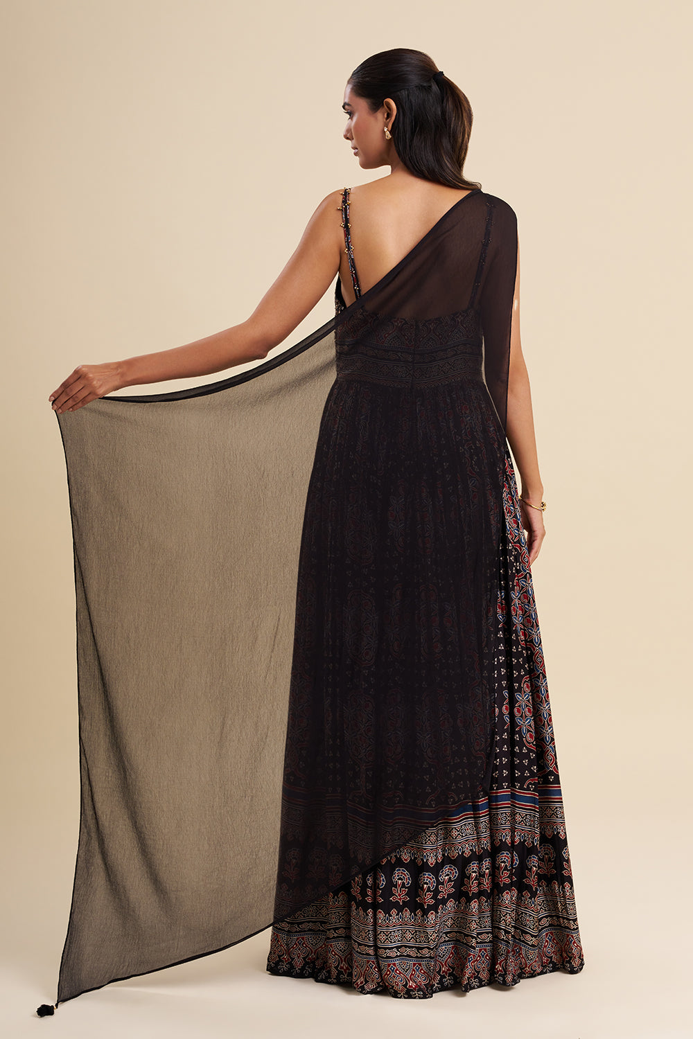 Black Cotton Anarkali with Ajrakh Work