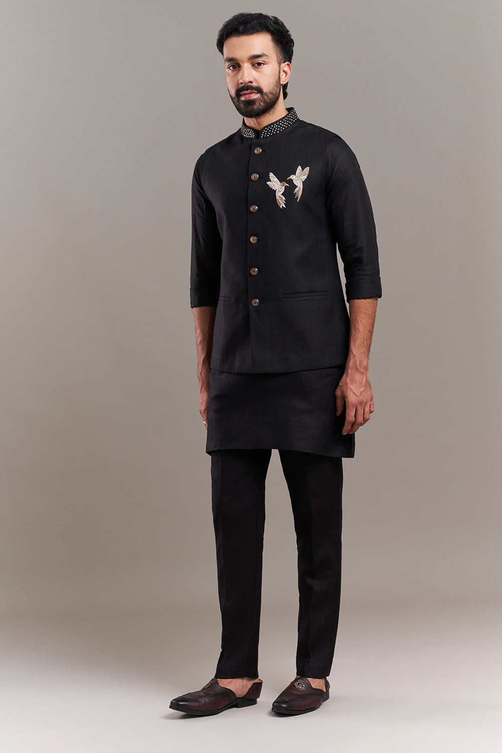 Black Cotton Jute Bird Motif Men's Kurta with Jacket