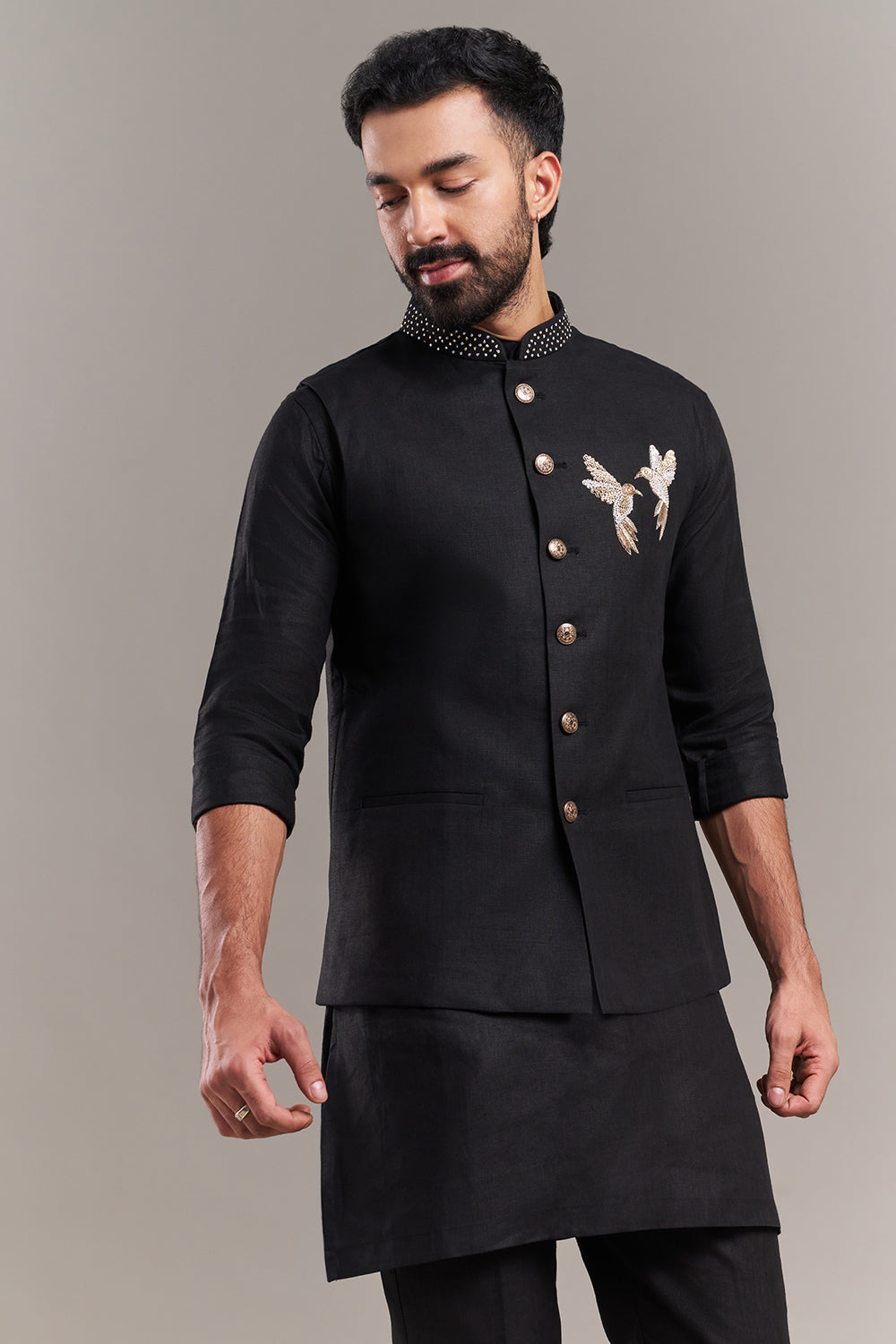 Black Cotton Jute Bird Motif Men's Kurta with Jacket