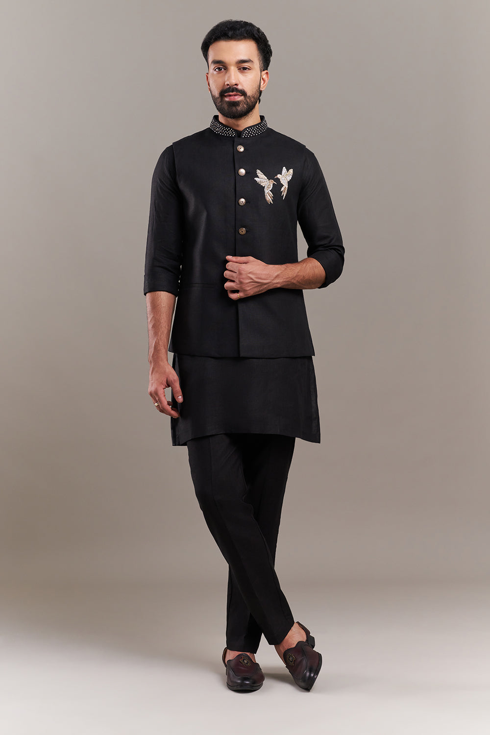 Black Cotton Jute Bird Motif Men's Kurta with Jacket