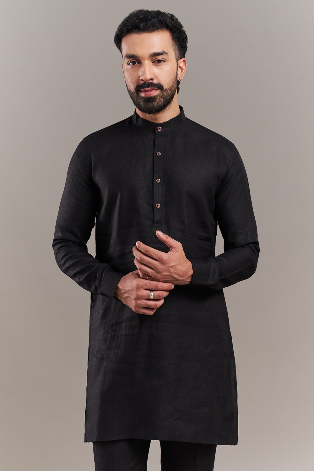 Black Cotton Jute Bird Motif Men's Kurta with Jacket