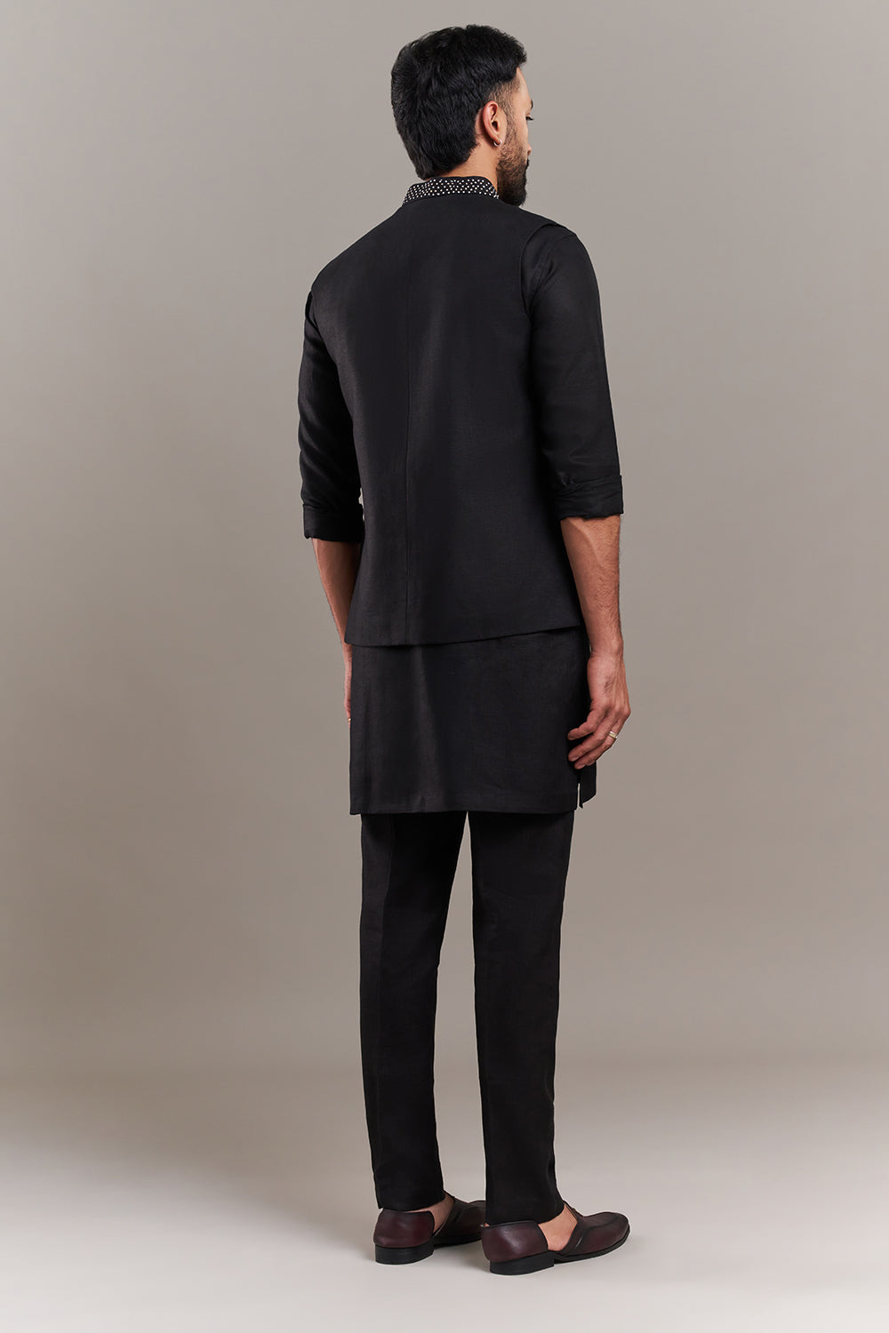 Black Cotton Jute Bird Motif Men's Kurta with Jacket