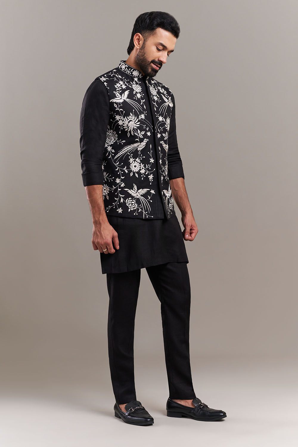 Black Cotton Jute Bird Motif Men's Jacket With Kurta