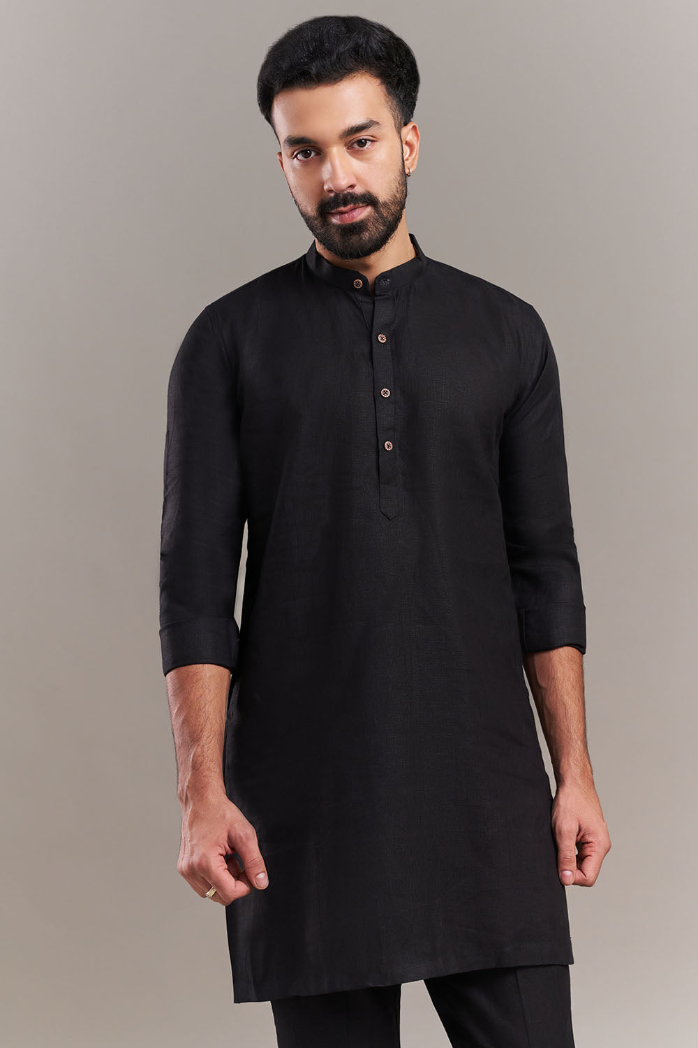 Black Cotton Jute Bird Motif Men's Jacket With Kurta