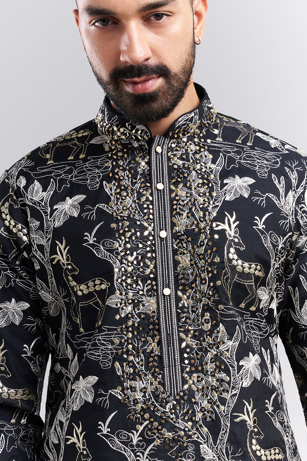Black Cotton Men's Kurta Set with Nature-Inspired Motifs